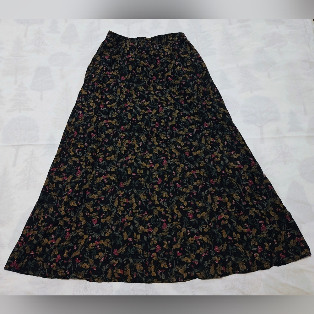 Reitmans Black Maxi Skirt with Burgundy and Olive Floral Print
